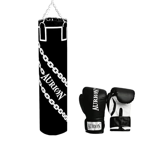 Image of Aurion by 10Club 3 Feet Synthetic Leather Filled Punching Bag Combo | Boxing Punching Bag with Boxing Gloves 12Oz & Hanging Chain | Boxing | MMA | Kickboxing |Taekwondo - Black 3 Feet /36 Inches