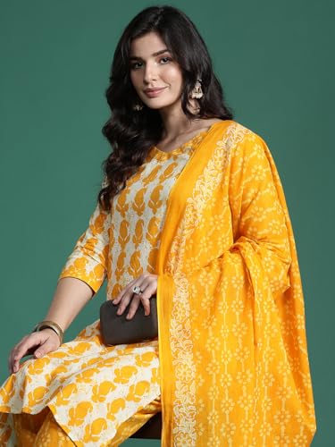 Image of INDO ERA Women's Pure Cotton Printed Straight Kurta & Pant with Dupatta Set