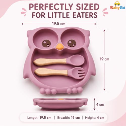 Image of BabyGo Silicone Suction Plate for Babies & Toddlers | 3-Section Owl-Shaped Feeding Set | Strong Suction Cups | BPA-Free, Microwave Safe | Self-Feeding| 1 Plate & 2 Spoons | Pink