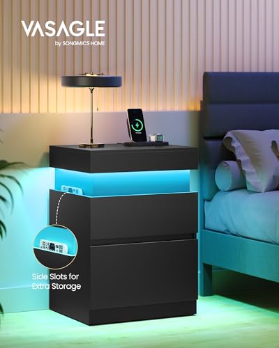 VASAGLE Black Nightstands, Charging Station, LED Lights,2 Drawers - Image 3
