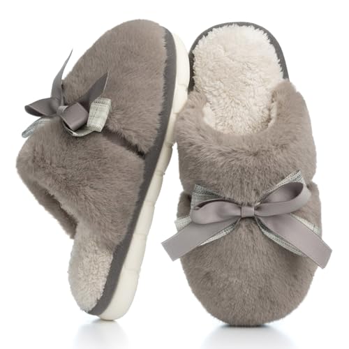 Image of GOEWY Cute Women's Memory Foam House Slippers - Fuzzy Plush Faux Fur Slippers with Bow Butterfly Tie - Anti-Skid Indoor /Outdoor Gifts for Women, Moms & Ladies