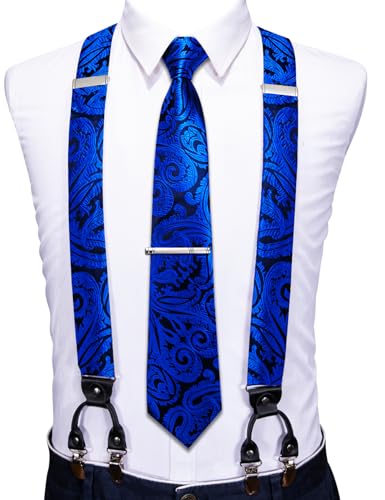 Image of Barry.Wang Men Suspender Set with Necktie Elastic Y Type Heavy Duty 6 Clips Braces Tie Handkerchief Cufflink Pin 6PCS