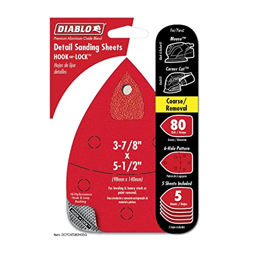 Image of Diablo Premium CAT /Mouse Detail Sanding Sheets with Hook & Lock - 80-Grit, Coarse Grit, 3-7 /8 inch x 5-1 /2 inch, 6 Holes, 5-Pack - DCTCAT080H05G