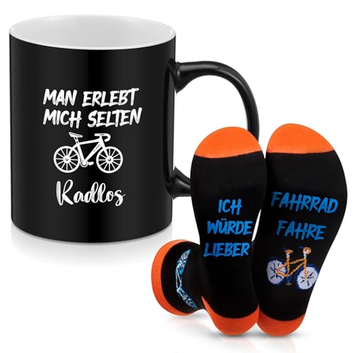 Perthlin Radfahrer Geschenke 340 ml Fahrrad Tasse Becher ICH WÜRDE LIEBER FAHRRAD FAHREN Socken Witzige Socken mit Fahrradkarte Lustiges Geschenk für Radfahrer und Mountain Biker