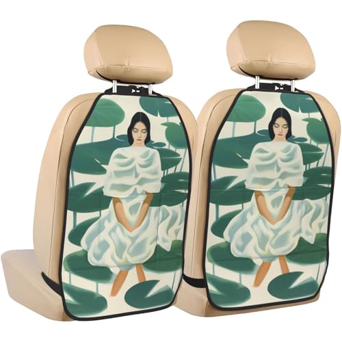 Woman Sitting On Water Lilie Pond Car Seat Back Kick Protectors,2 Pack Kick Mats with Storage Pockets for Vehicles to Protect from Dirt Mud Scratches