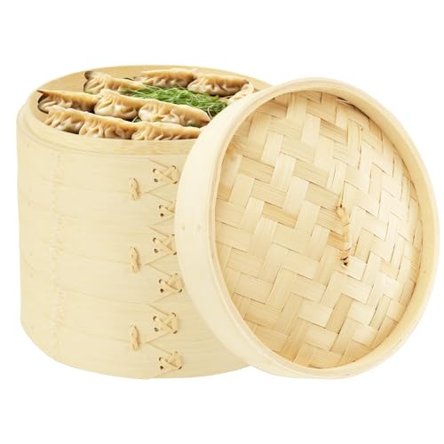 JMIATRY 3 Tier Bamboo Steamer 8 Inch Dumpling Steamer Basket With Side Handles Bamboo Steamers Basket With Lids for Steaming Cookware Asian Food, Bao Buns, Chinese Dim Sum, Dumpling