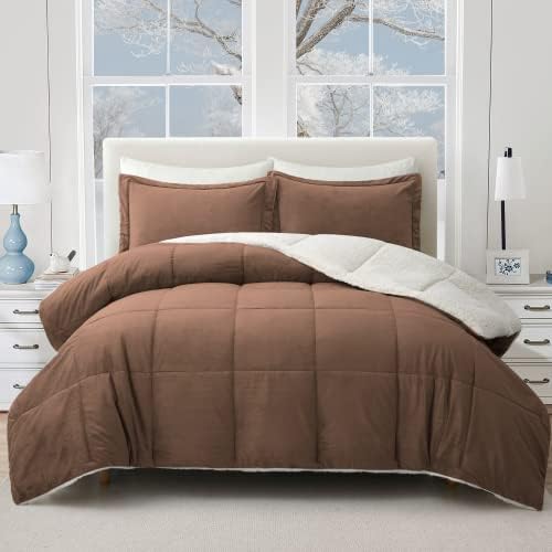 Peace nest Sherpa Comforter Set King, Winter Warm Comforter King Size Ultra Soft Fuzzy Plush Velvet, 3-Piece Comforter Set Heavy Weight Reversible for Winter, Chocolate, King, 104"X90"