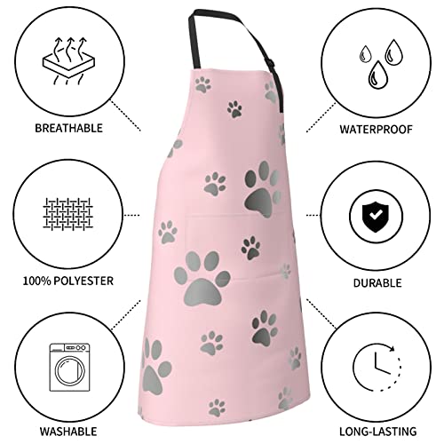Perinsto Cute Dog Paws Pink Waterproof Apron With 2 Pockets Kitchen Chef Aprons Bibs For Cooking Baking Painting Gardening Grooming #TOP4