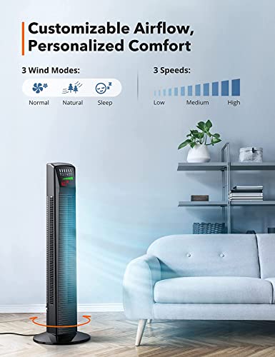 Tower Fan, 35” Oscillating Cooling Fan With 3 Speeds & 3 Modes, Auto Mode, Remote Control, Led Display, 12-Hour Timer, Portable Stand Up Floor Bladeless Fan For Bedrooms, Living Rooms, Kitchen, Offices #TOP1