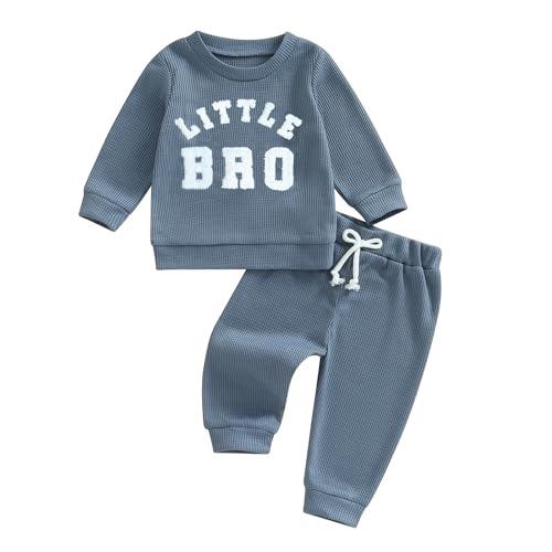 Image of Fall Baby Boy Clothes Mama's Boy Little Dude Embroidered Long Sleeve Sweatshirt Pants Set Waffle Knit Outfit