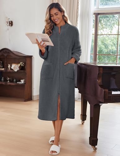 Image of Ekouaer Women Zipper Robe Fleece Long Sleeves Bathrobe Sleepwear Warm Soft Housecoat with Pockets Zip Up House Dresses
