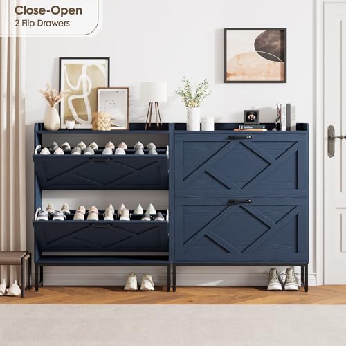 Image of Nicetree Shoe Storage Cabinet, Shoe Cabinet with 2 Flip Drawers, Narrow Shoe Rack Cabinet, Farmhouse Slim Shoe Cabinet Storage for Entryway,Blue