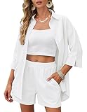 Zeagoo Women Linen Two Piece Outfits Linen Beach Shorts Set Bathing Suit Cover Up Shirt and Short se