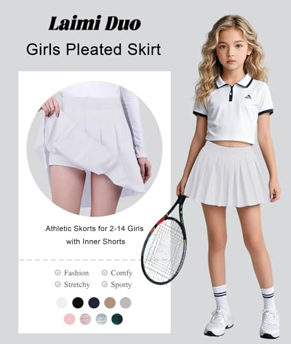 Laimi Duo Girls Pleated Skirts White Tennis Golf Athletic Skorts Summer Fashion high Waist Skirt for Girl School Uniform Skort Size 14 — view 3
