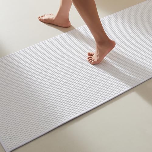TYUU Bathroom Runner Rug, Long Bath Mat Washable Thin Quick Dry Low Pile Bathroom Runner Rugs 24 x 60 Non Slip, White 24