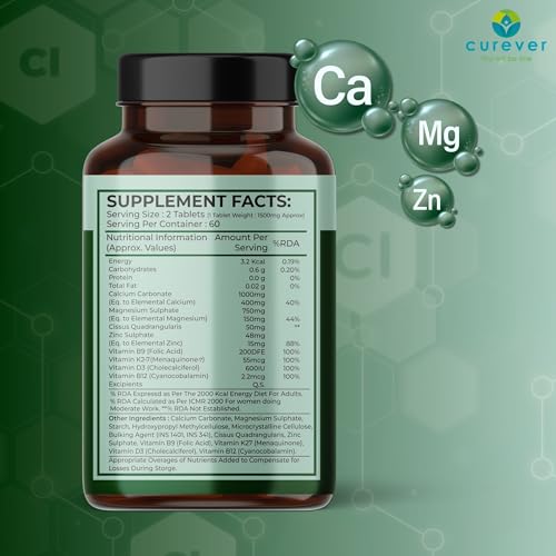 Image of Curever Calcium Magnesium Zinc Tablets with Vitamin D3, B12 & K2 | Bone Strength, Muscle Function & Immunity Support | Mineral Supplement | 60 Tablets