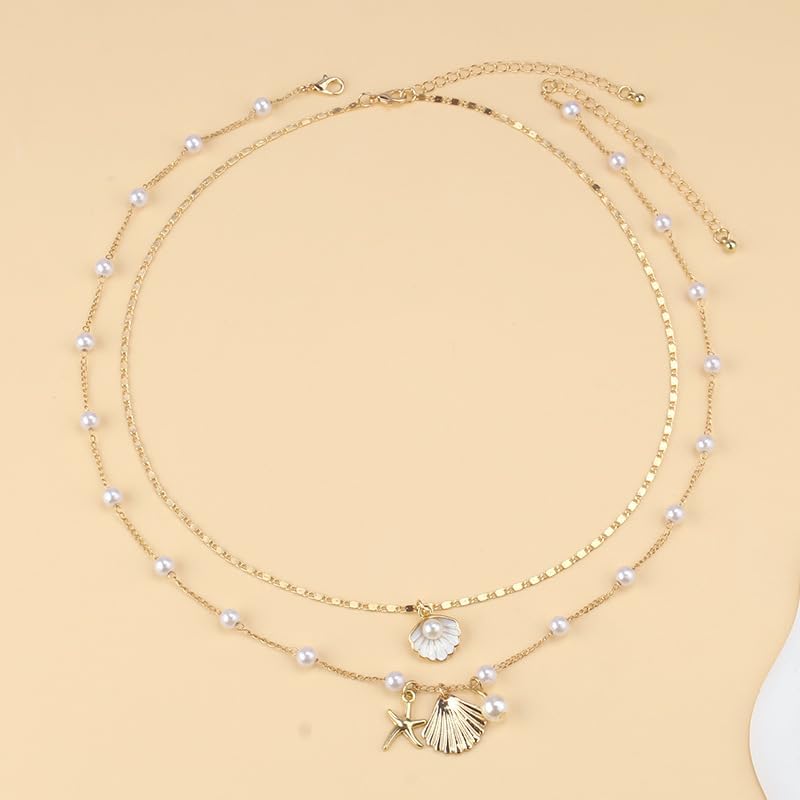 Shell Starfish Necklace Earrings Bracelets Boho Summer Beach Seashell Layered Charm Necklace Beaded Bracelet for Women Holiday Jewelry Set - Image 2