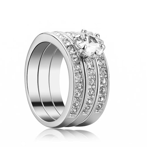 3-Piece Wedding Ring Set for Women with Gift Box, 18K White Gold Plated CZ Engagement Rings, Affordable Promise Bridal Jewelry Gift R366