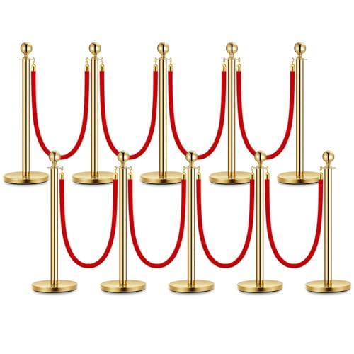 Gold Stanchion Posts Set, 37.5" Tall Stainless Steel Crowd Control Barrier Kit with Weighted Base & 5ft Crimson Soft Ropes, Perfect for Event Queue Management, VIP Parties, Hotels, Banks & Red Carpet