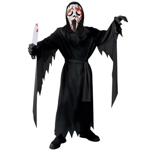 Disfraz de Scream para Niños, Ghostface Niño Disfraz con Máscara de Ghostface y Cuchillo Sangriento Guantes, Disfraces de Terror, Disfraces Niños para Halloween, Scream de Carnaval (M:8-10 años)
