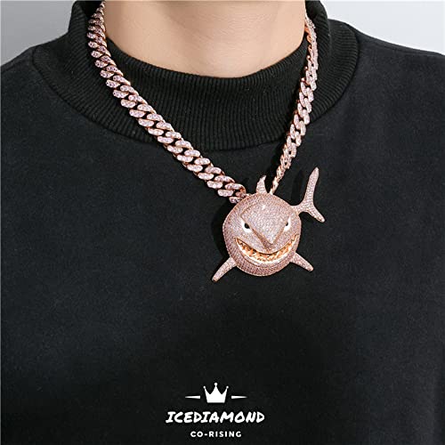 Icediamond Fancy Pink Lab Diamond Shark Pendant With Iced Out Cuban Chain Necklace, 18K Rose Gold Plated L-Size Hip Hop Jewelry For Men Women (Rose,20''Cuban) #TOP4