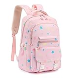 RRTGNEI Kids School Backpack for Girls 5-12 Kawaii Travel Star Bookbag,Pink Star