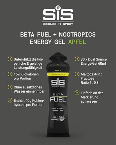 Science in Sport BETA Fuel + Nootropica Gel 30 x 60ml Apfel - Energiereich mit 40g Kohlenhydrate, Ideal geeignet für Ausdauersportler