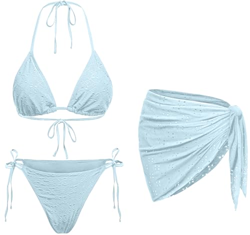 Light Blue Women 3 Piece Swimsuits - Sexy Triangle Bikini Sets with Cover Up Halter String Tie Side Bathing Suits M