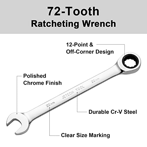 Jetech 22mm Gear Wrench - Metric Industrial Grade Cr-V Steel Ratcheting Combination Wrench, Ratchet Spanner in Polished Chrome Finish - Image 2