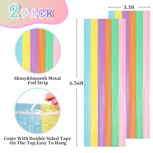 Image of Voircoloria 2 Pack Pastel Rainbow Foil Fringe Backdrop Curtains, Tinsel Streamers Party Decorations, Fringe Backdrop, Door Shimmer for Baby Shower or Birthday Party