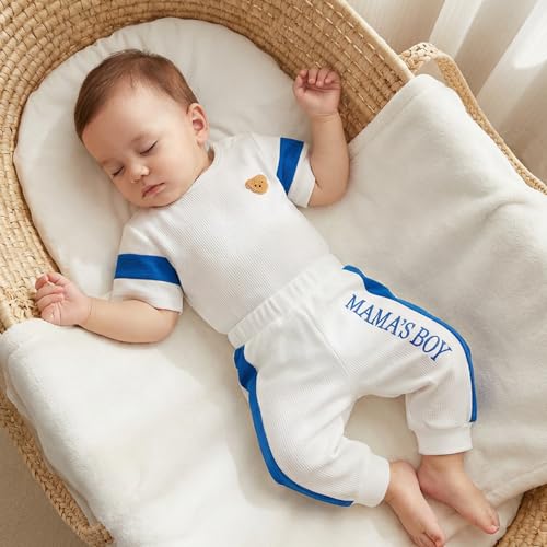 Image of Babieshouse Newborn Baby Boy Clothes Mamas Boy Bear Embroidery Long Sleeve Romper Pants Set Fall Winter Outfits 3-18 Months