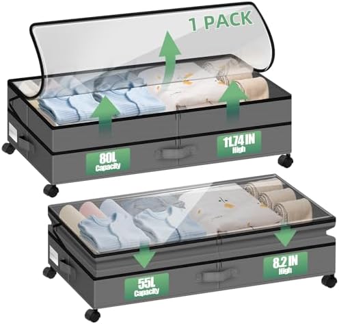 Under Bed Storage with Wheels,80L XXL Large Capacity Under bed Storage Container with Clear Lids, 11.7