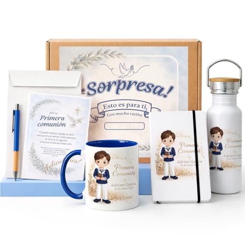 Kembilove® Pack Primeira comunhão personalizada para crianças com nome e data – kit completo com caneca, livreta, garrafa, caixa, cartão e caneta esferográfica – presente original e lembrança motivo