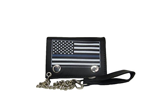AES USA American Police Thin Blue Line Flag Black Wallet with Chain (4 inch) Men's