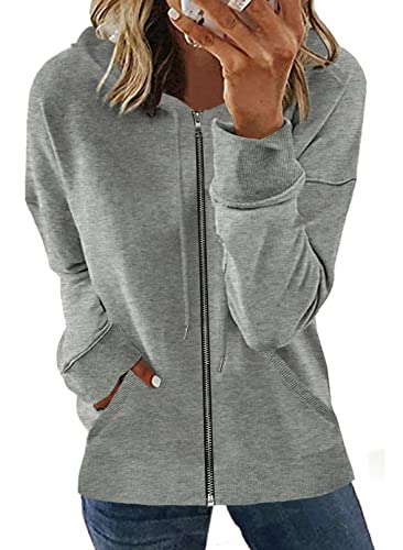 Shewin Womens Casual Lightweight Zip Up Hoodie Jacket Long Sleeve Drawstring Hooded Sweatshirt Fall Fashion Clothes 2023 Zipper Sweatshirts With Pocket,Us 8-10(M),Grey #TOP15