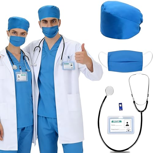 Shengruili Arzt Kostüm für Erwachsene,Arzt Kostüm Karneval,Chirurg Arztkittel,Doktor Kostüme Inklusive Stethoskop und Arztausweis,Doktor OP Kittel...