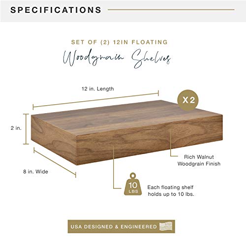 Image of MCS Floating Shelf, Room Decor Wooden Shelf, Walnut Woodgrain, 12 x 8 Inch, Set of 2