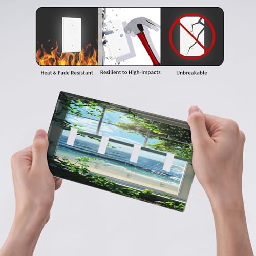 Decorative Switch Covers Plate Window Beach Seascape View Green Leaves 4 Gang Wall Plate Oversized Quad Toggle Light Switch Plate Jumbo Faceplate for Country Bedroom Home Decor