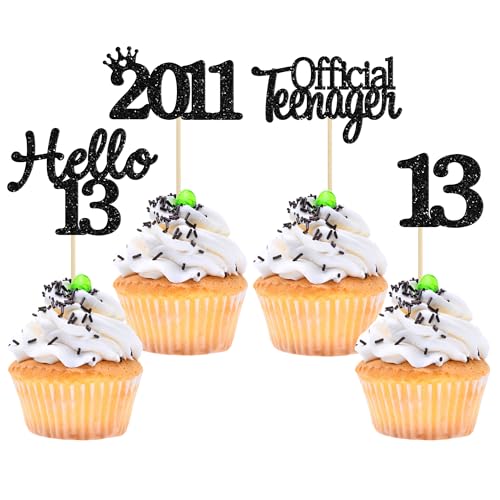 Gyufise 24 Pack 13th Birthday Cupcake Toppers Hello 13 Thirteen Official Teenager Since 2011 Cupcake Picks 13th Birthday Party Cake Decorations Supplies Black