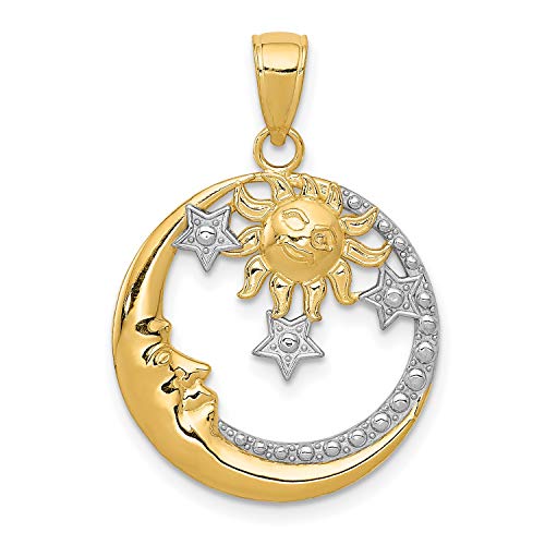 14k Yellow Gold and Rhodium Celestial Pendant with Sun Moon and Stars Design, Crescent Moon Symbol, Astrology Jewelry for Women, Cosmic Charm Necklace, Spiritual Nature Inspired Jewelry Piece