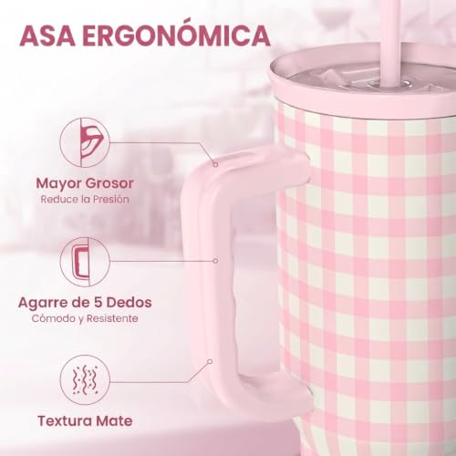Image of SANDJEST Pink Gingham 40oz Slider Tumbler with Handle and Straw - Insulated Stainless Steel Travel Coffee Mug for Women Girls, Gift for Birthday, Christmas