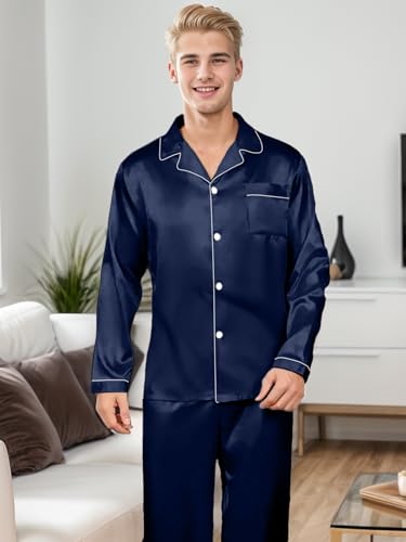 IFFEI Men's Silk Pajama Set Button Down Long Sleeve Shirts and Pants 2 Piece Matching Pjs Set with Pockets4