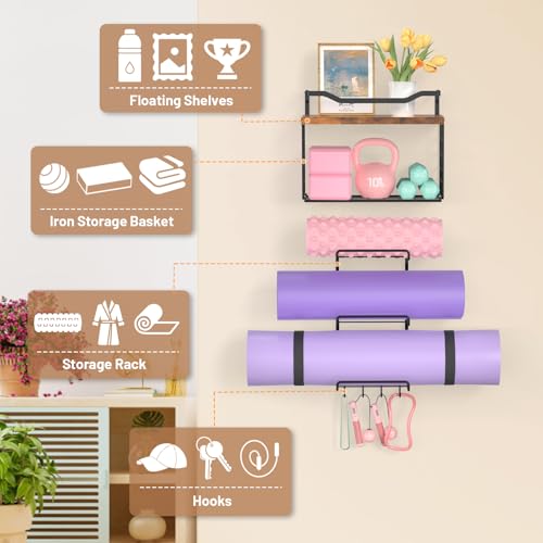 Yoga Mat Holder Wall Mount, Yoga Accessory Mats Storage Rack , Home Gym Accessories Organizer Storage With Wood Floating Shelves, Storage Basket and 4 Hook For Hanging Yoga Strap & Resistance Bands - Thumbnail 4