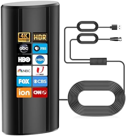 Digital TV Antenna, 1800+ Miles Range, Portable HD Indoor Antenna for Smart TV, Supports 4K Full HD, 36ft Coax HDTV Cable