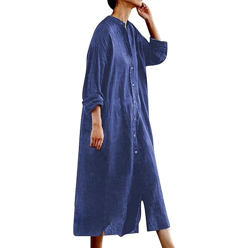 Robe chemise coton et lin femmes robe maxi grande taille couleur unie automne