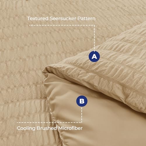 Image of HYMOKEGE Khaki Oversized King Comforter Set Seersucker 7 Pieces, All Season Luxury Bed in a Bag for Bedroom, Bedding Set with Comforter, Sheets, Pillowcases & Shams