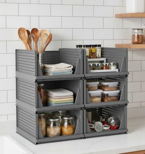 Image of MECHDEL Wardrobe Organizer for Storage /Polypropylene Foldable & Stackable Closet Basket /Cupboard Organizer for Clothes /Mounted Closet Systems (FOLDABLE BASKET-GREY, 6PCS)