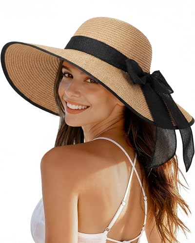 Image of Beach Sun Straw Hats for Women, Wide Brim UPF 50+ UV Sun Protection Summer Straw Hat Packable Foldable Roll up Cap