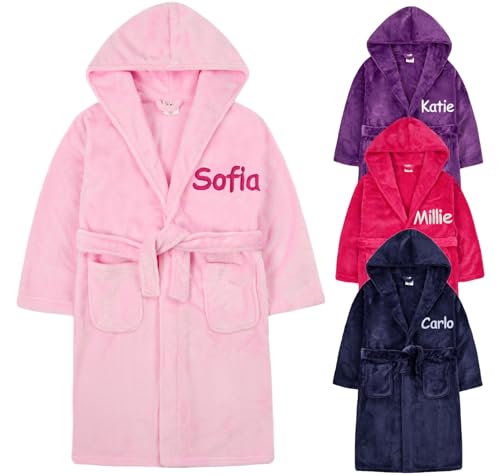 Gembroidery Personalised Kids Bathrobe Fleece Dressing Gown Children Hooded Robe For Boys Girls Teens Plush Super Soft Gift (11-12 years Pink)