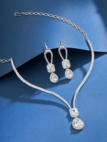 Image of Yellow Chimes Jewellery Set for Women and Girls American Diamond Jewellery Set | Rosegold Rhodium Plated AD Necklace Set for Women | Birthday Gift for Girls & Women